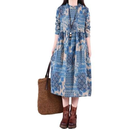 Linen Dress Female 2021 Spring New Womens Dress Loose Plus Size Printing Over The Knee Thin Blue Cotton And Linen Lady Dresse