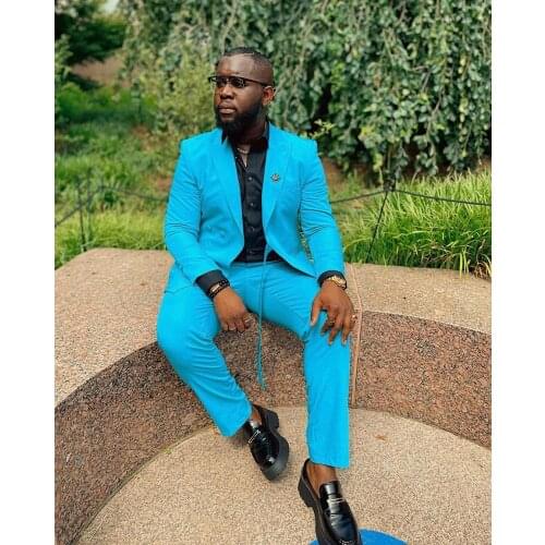 Jacket+Pants) Latest Slim Fit Formal Business Male Suit Sky Blue Peak Lapel Tuxedo Wedding Man Blazer 3 Piece Custom Made