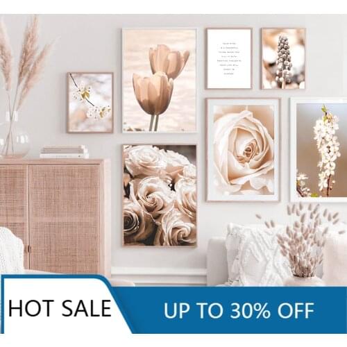 Nordic Beige Flowers Plants Wall Art Canvas Painting Posters Prints Rose Tulip Cherry Blossoms Wall Decor Picture For Room Decor