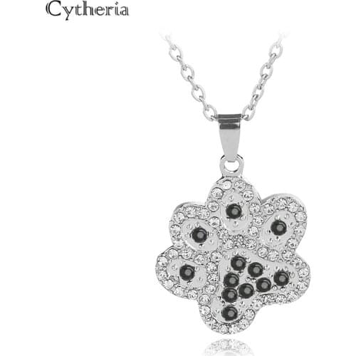 Cute crystal Pet Paw Prints Necklaces black Animal Dog cat Memorial jewelry Pet Lover Puppy Paw Charm Necklace Gift for lady