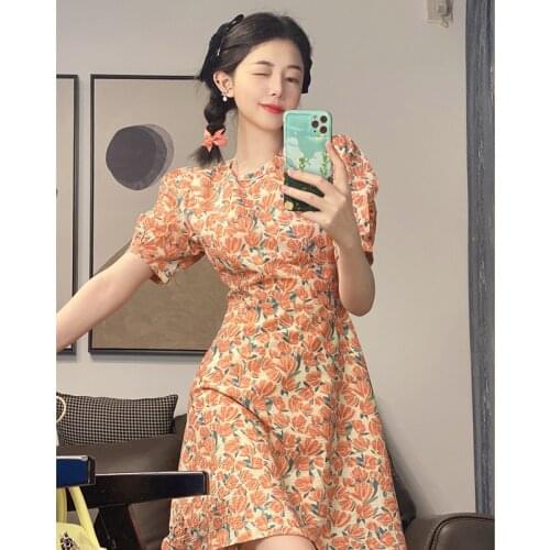 Dress French Waist Puff Sleeve Floral Dress Female Summer New Style Temperament Design Sense of Self-cultivation Short Skirt