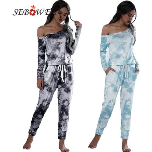 SEBOWEL 2020 Autumn Casual Jumpsuit for Women Long Sleeve One-shoulder Tie-dye Print Drawstring Pocket Rompers Home Clothing