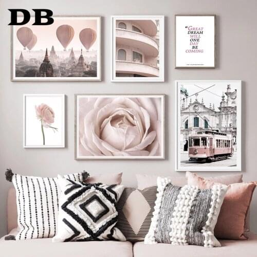 Light Pink Peony Rose Building Tram Retro Wall Art Canvas Painting Nordic Posters And Prints Wall Pictures For Living Room Decor