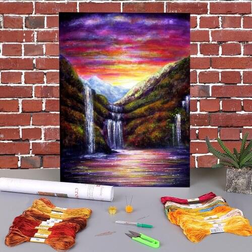 Natural Scenery Sunset Falls Printed Fabric 11CT Cross-Stitch Complete Kit DIY Embroidery DMC Threads Knitting Magic