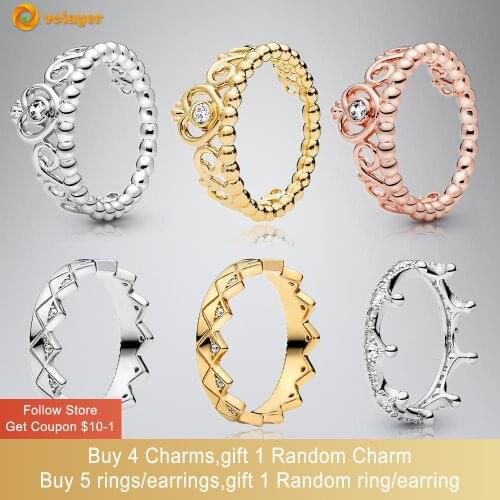 Volayer Crown Rings 925 Sterling Silver Rings Sparkling Geometric Princess Tiara Crown Rings Original 925 Silver Womens Rings