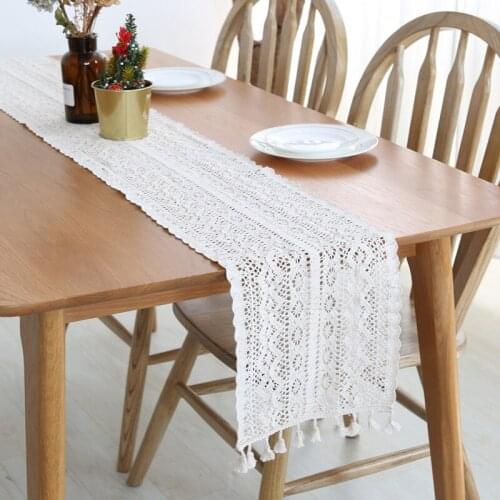 Knitted Lace Table Runner With Tassel Geometric Bohemian Hollowed Tablecloth Boho Table Cloth Decorative Kitchen chemin de table