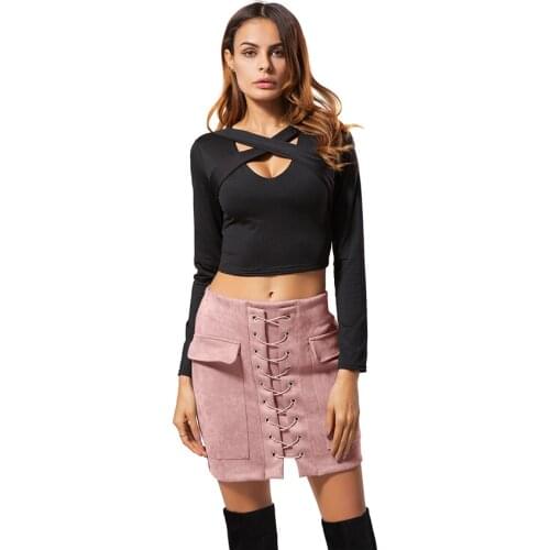 Suede Skirts Women Fashion Trends Lace Up High Waist Pencil Skirts Womens 2018 Autumn Women Streetwear Skirt Black Pink Gray Red