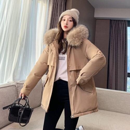 2021 new winter Korean large wool collar cotton padded jacket medium length waist cotton padded jacket womens wear 2018