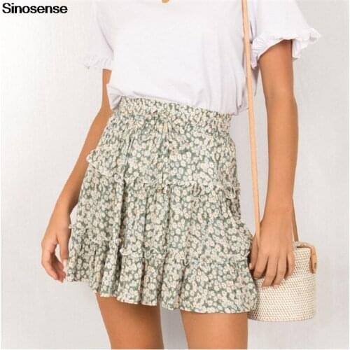 Women Floral Print Vintage Summer Short Skirt 2020 High Waist Drawstring Ruffle Flared Boho A-Line Pleated Skater Mini Skirt