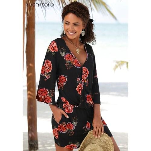 Beach Playsuits Women Sexy Deep V-neck Summer Flower Print Rompers Lady Casual Thin Backless Straight Street Playsuits Lugentolo