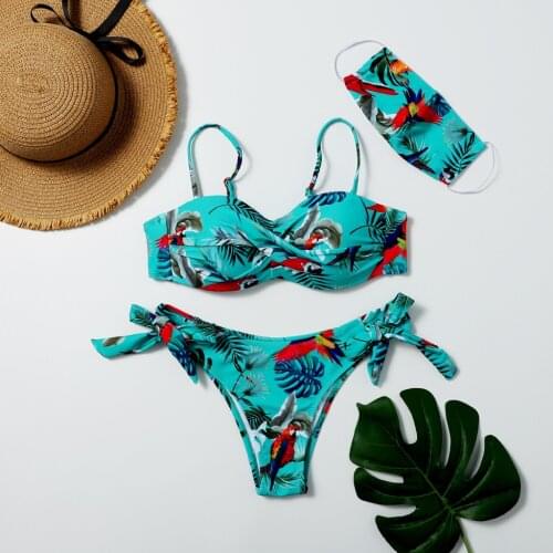 Tropical Print Bikini 2020 Women Push-up Padded Swimsuit And Mask 3 Pcs Outfit Hawaii Trikini Swimwear Bikini Set M6