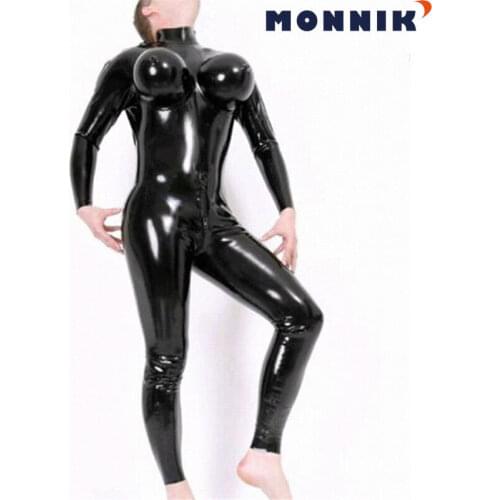 MONNIK latexLatex Women Catsuit with Socks Back Zipper Rubber Bodysuits for Female Club Wear