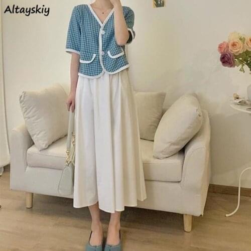 Dress Sets Women Elegant French Blue Plaid Patchwork Single Breasted Lantern Sleeve White Ankle-length Folds Office Lady Retro