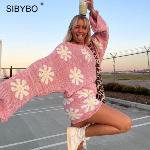 Sibybo 2021 Summer Autumn Casual Sweater Outfits Women Y2K Two Piece Sets Knitted Pullover Tops And Biker Shotrs Femme Wool Suit