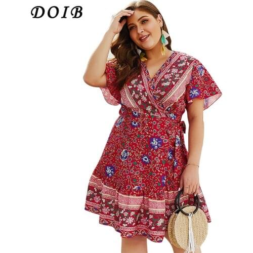 DOIB Floral Print Dress Deep V Neck Sexy Butterfly Sleeve Boho Elegent Bobycon Plus Size Dress XL XXL XXXL XXXXL