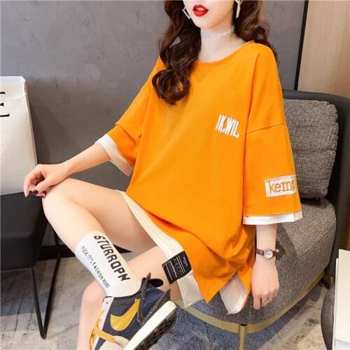 #0059 Preppy Style Long T Shirt Women Cotton Spliced False Two Piece Loose T-shirt Female O Neck Streetwear Top Tee Summer