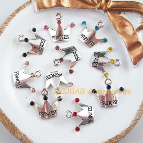 10 New Princess Crown Charms Tibetan Silver Tone Mixed Crystal Pendants 17x19mm