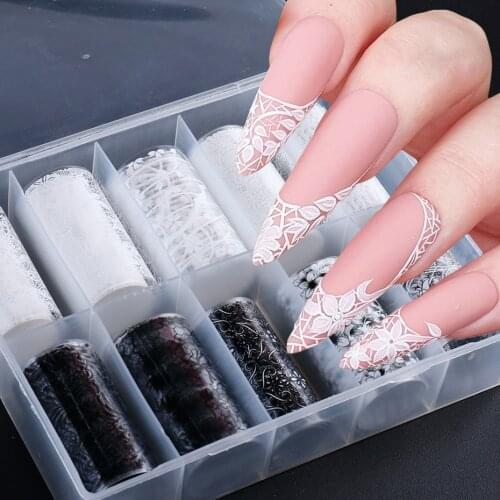 10Roll/Box Black White Nail Foils Daisy Flower Lace Series Nail Stickers Transfer Decals Decoration Accessories Papers LEXKH-78