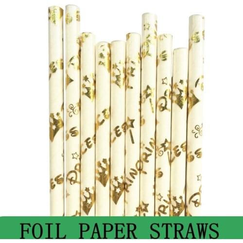 100pcs Metallic Gold Foil Crown Princess Paper Straws,Birthday Party Girl Baby Shower,Vintage Decorative Drinking Paper Straws