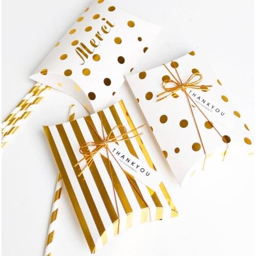 5pcs Paper Gift Box Pillow Shape Box Golden Striped Dots Paper Box Bag Merci Thank You Candy Box Wedding Packaging Kid Party