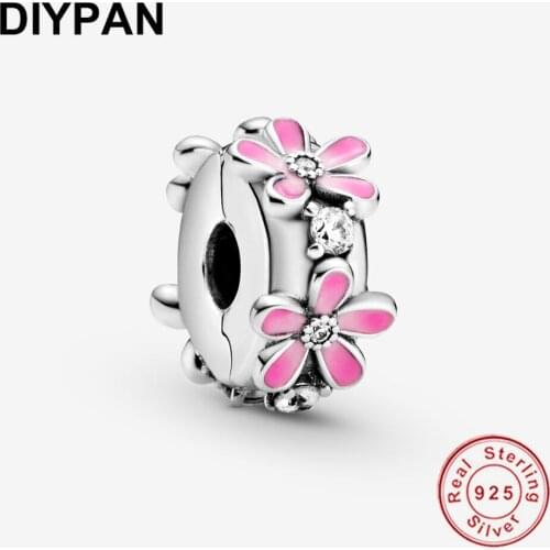 925 Sterling Silver Pink Daisy Flower Clip Charm Fit Original Pandora Charms Bracelets Silver Bead Bangle Women Jewelry