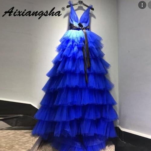 Aixiangsha Royal Blue Prom Dresses Deep V Neck Tiered Tulle Witt Black Bow Belt Robe De Soiree Celebrity Party Princess Gowns