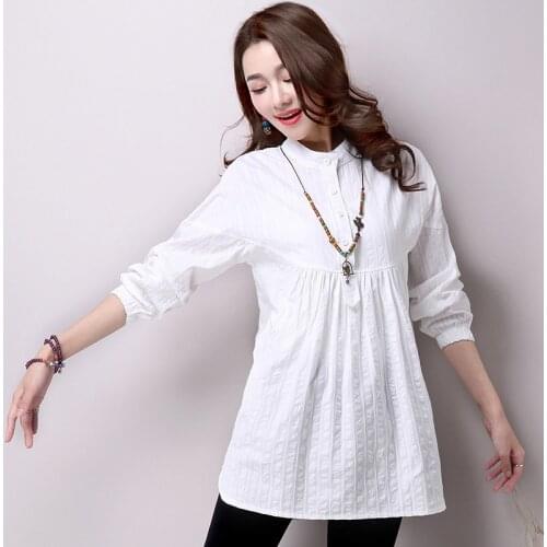 2019 Spring Autumn Women White Blouse Tops Casual Solid Cotton Linen Shirts Female Long Sleeve Shirt Blusas Plus Size 2XL AB1357