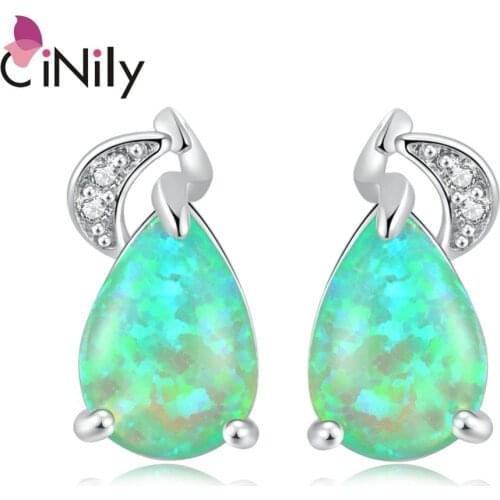 CiNily Green Fire Opal Stud Earrings Silver Plated Large Teardrop Stone Zirconia Crystal Filled Earring Party Jewelry Gift Women