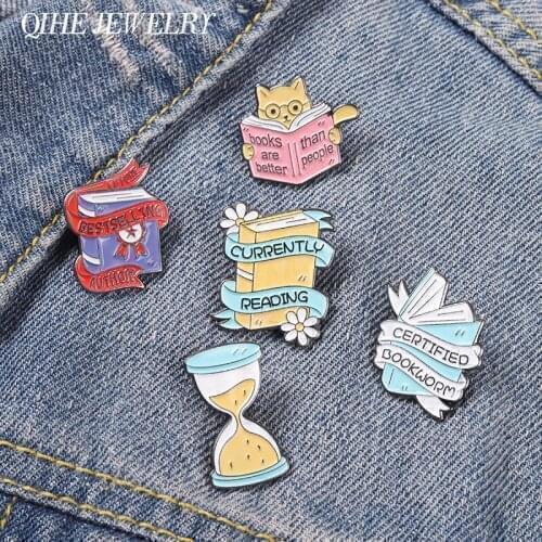 Books Enamel Pins Cartoon Cat Reading Brooches Metal Badge for Backpack Hat Bags Accessories Jewelry Gift for Book Lover