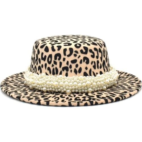 FUODRAO Women Leopard Print Fedora Hats British Winter Wool Blend Flat Top Bowler Hat Wide Brim Jazz Cap Party Cowboy Hat P42
