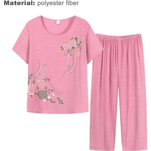 Summer Women Homewear Set Short Sleeve Floral Print T-shirt Pants Loose Two Pieces Set Outfit Middle-aged 4XL