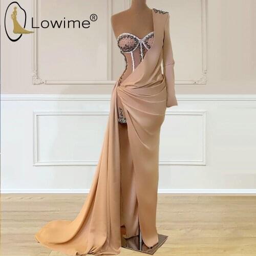 Graceful Beaded One Shoulder Long Evening Dresses Sexy High Split Evening Gowns Saudi Arabia Formal Dresses