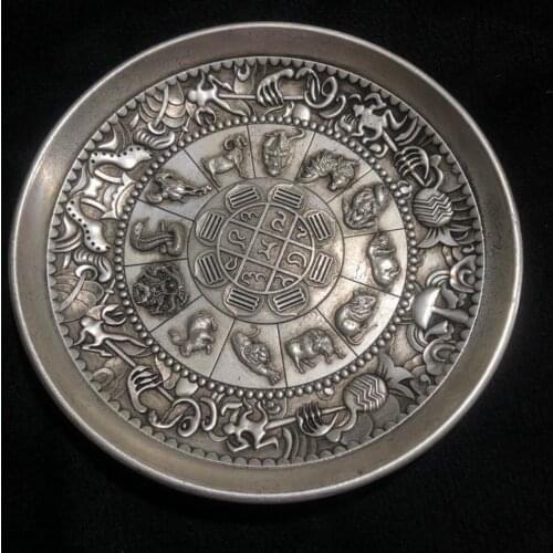 Chinese Rare Collectibles Old Handwork Tibet-Silver 12 Zodiac and Dragon statue bowl home decor metal handicraft