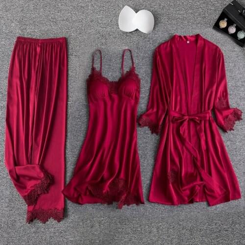 Red Woman 3PC Strap Top Pants Suit Pajamas Sleepwear Sets Spring Home Wear Nightwear Sexy Kimono Robe Bath Gown Bathrobe