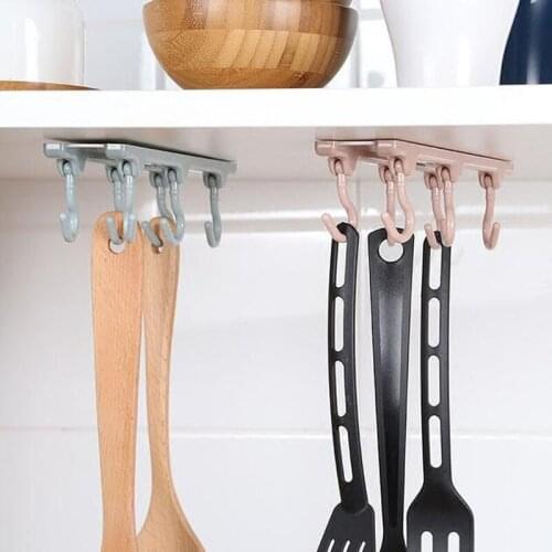 Kitchen Storage Rack Hook No Punching Cabinet Hanging Rack 6 Hooks Wardrobe Shelf Multi-purpose Kitchen Accessories Organizer
