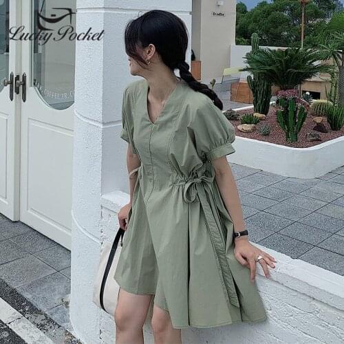 Women Summer Fashion Solid Color Puff Sleeve A-Line Mini Dress Female New Green Bow Dresses Ladies Casual V-Neck Vestidos ML169