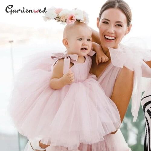 2021 New Listing Pink First Comunion Gown Bow Flower Girld Dress Tulle Puffy Kid Girl Birthday Wedding Party Dresses