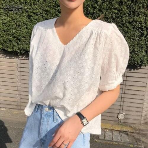 Summer New Office Lady V-Neck Floral Women Shirt Short Sleeve Hollow Out Blouse Women Pullover White Ladies Tops Clothing 14291