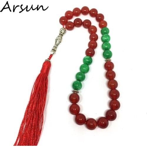 2019 New Design 10mm Red Agate Green Jade Natural Stone 33 Prayer Beads with Red Tassel Islamic Muslim Tasbih Allah great gifts
