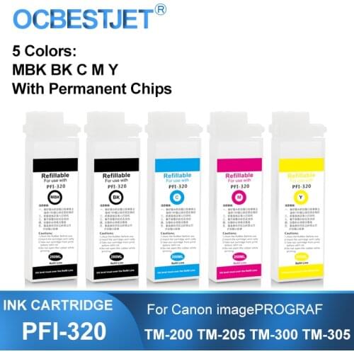 PFI-320 PFI320 Refillable Ink Cartridge With Permanent Chips For Canon TM-200 TM200 TM-205 TM-300 TM-305 TM300 260ML 5Colors/Set