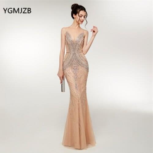 Luxury Dubai Women Long Evening Dresses 2020 Mermaid Sleeveless Sheer Top Crystal Beading Sexy Formal Party Prom Gowns