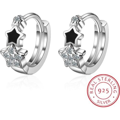 Charm Stars Clear CZ Hoop Earrings 100% 925 Sterling Silver Black Enamel Exquisite Jewelry For Women Party Wedding Gift