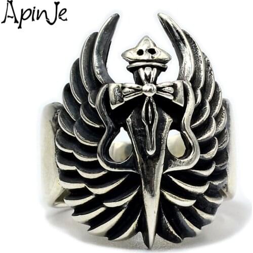 Apinje Unique Handcrafted 925 Sterling Silver Ring for Men Wing Cross Myth Thai Silver Man Jewelri