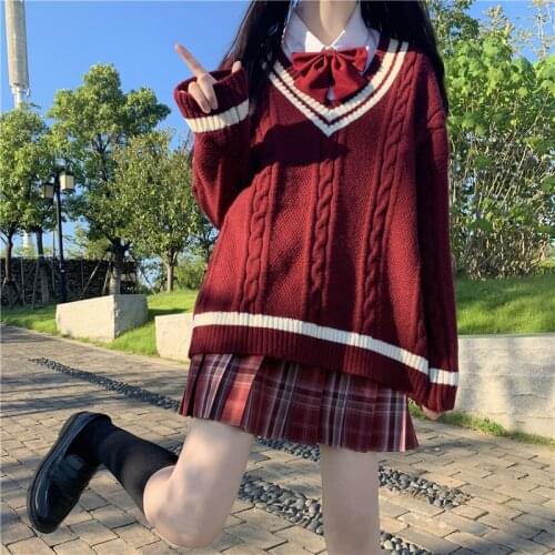 Japanese Preppy Style Winter Women Sweater Sweety Soft Girl V-Neck Vintage Twist Full Sleeve Knitting Loose Pullovers Sweater