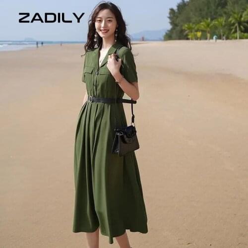 ZADILY English Style Short Sleeve Army Green Women Shirt Dress Chic Button Up Sashes Ladies Mid Dresses 2021 Summer A-Line Robe