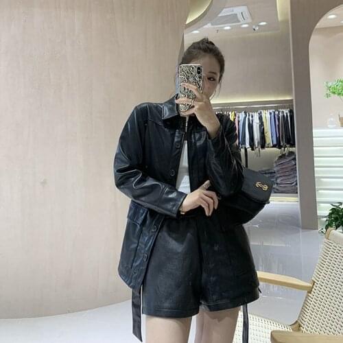 Mid-length Women Black Faux Leather Coat Plus Sashes Single-breasted Big Pocket Lapel Long Sleeve Autumn New Casual Biker Jacket