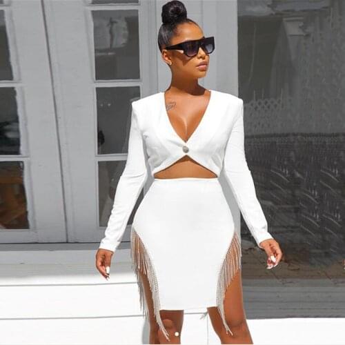 2020 Winter New Womens White Bodycon Bandage 2 Two-piece Set Sexy Long Sleeve V-neck Tassel + Mini Skirt Club Party Suit
