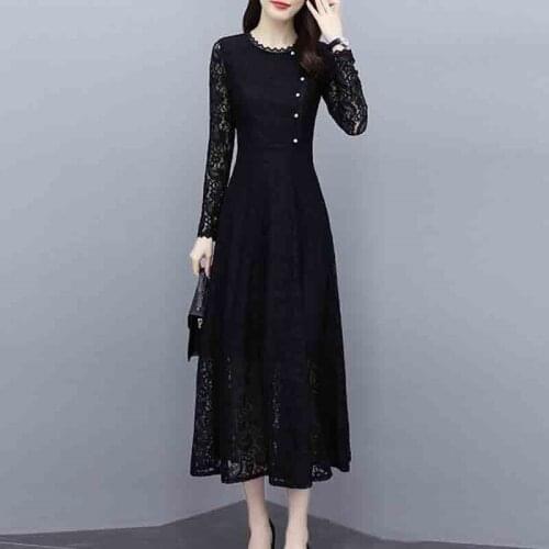 Long Black Lace Dress For Women 2021 Spring Autumn New Waist Temperament High-end Large Size Long Sleeve Female Vestidos e285
