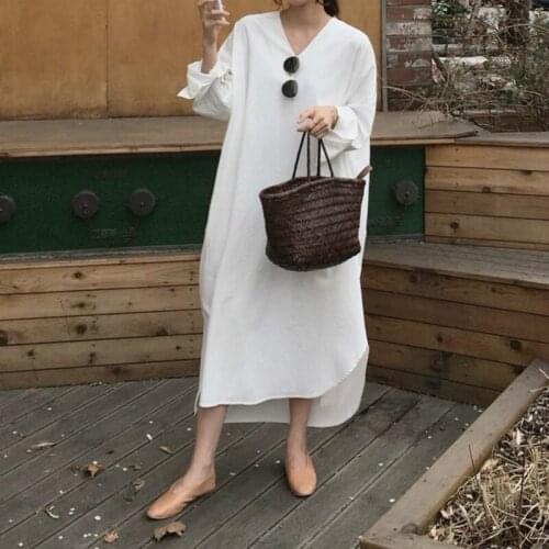 Long Dress with Waistbelt Sexy V Neck Split Oversized Brief Dresses Women Spring Vintage White Long Sleeve Pullover Loose