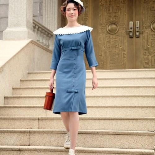 Vintage Women Office Lady Tight Pencil Dress British Style Batwing Sleeve Lace Navy Collar Cotton Slim Sheath Dress
